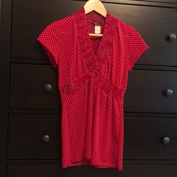 Red and White Polka Dot Semi Sheer Blouse - Size S - Picture 2 of 8